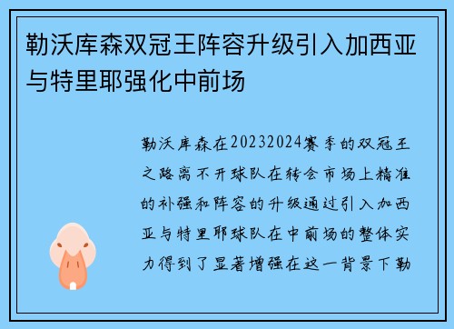 勒沃库森双冠王阵容升级引入加西亚与特里耶强化中前场