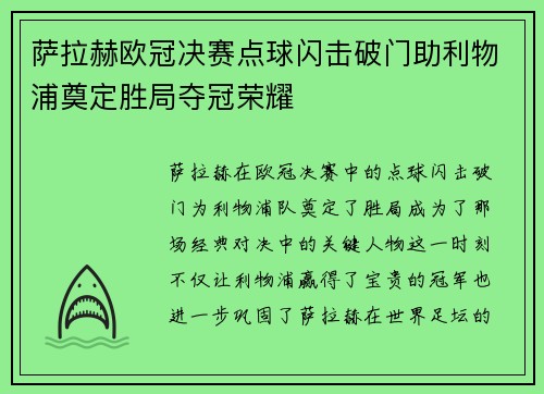 萨拉赫欧冠决赛点球闪击破门助利物浦奠定胜局夺冠荣耀